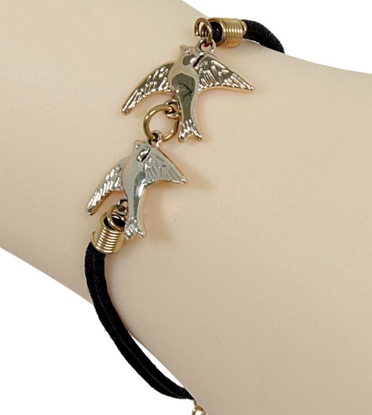 Armband aus Kunstleder in schwarz mit 2 Tauben in Rose Gold Karabinerverschluß