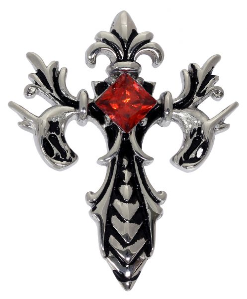 Halskette FLEUR DE LIS KREUZ mit rotem Kristall Edelstahl Anhänger 4,7 cm Cross hochglanzpoliert Sch